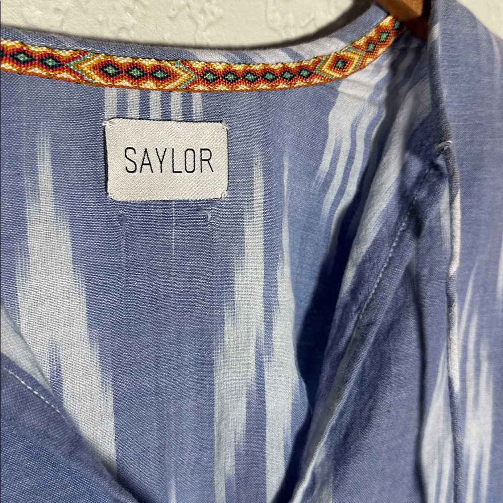 SAYLOR Blue Ikat Ruffle Blouse Cotton Summer Vacation Resortwear Tassels Medium - Picture 4 of 8